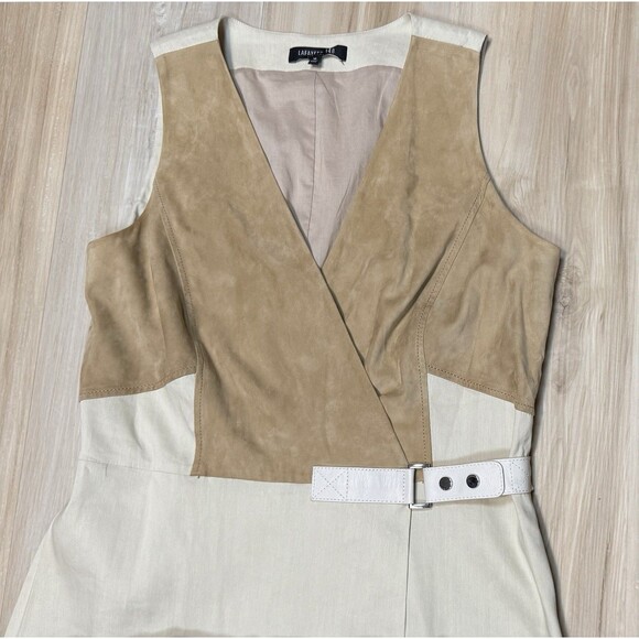 Lafayette 148 Leather Combo Wrap Dress A-Line w Buckle Beige Linen-Blend size 10 - Picture 10 of 16